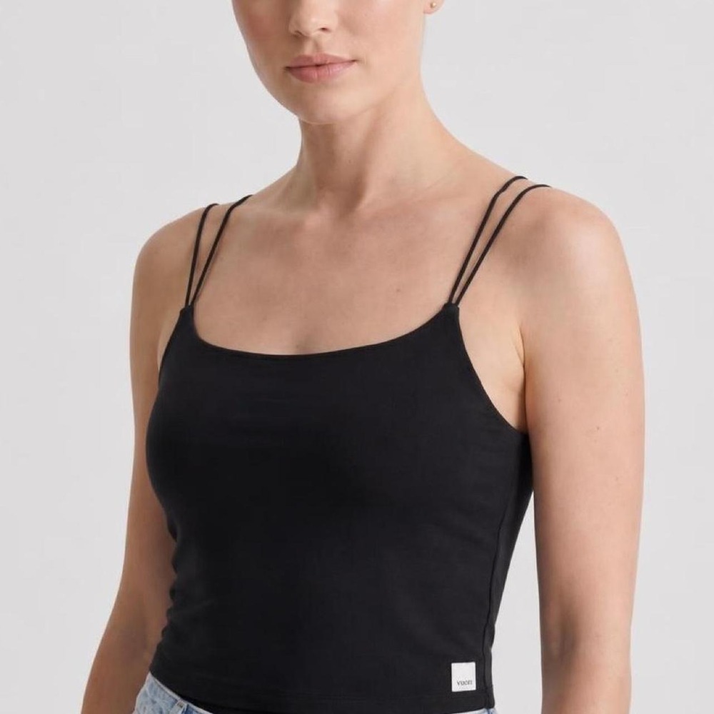 #vuori black tank top with skinny straps and room for pads